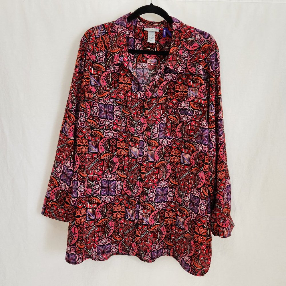 CATHERINES Multicolor AbstractPrint Full Button Down Shirt PLUS PETITE Size 3XWP